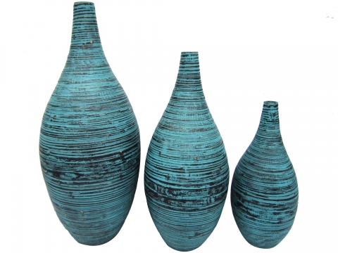 3pc bamboo decor vase blue washed